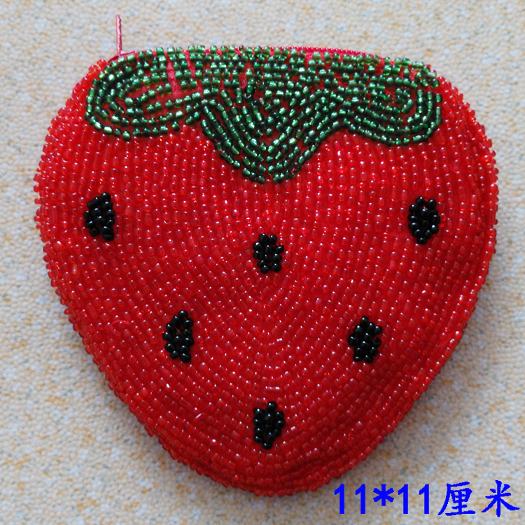 2件包邮手工三色草莓零钱包卡包女包硬币包 珠绣双面小包 钥匙包