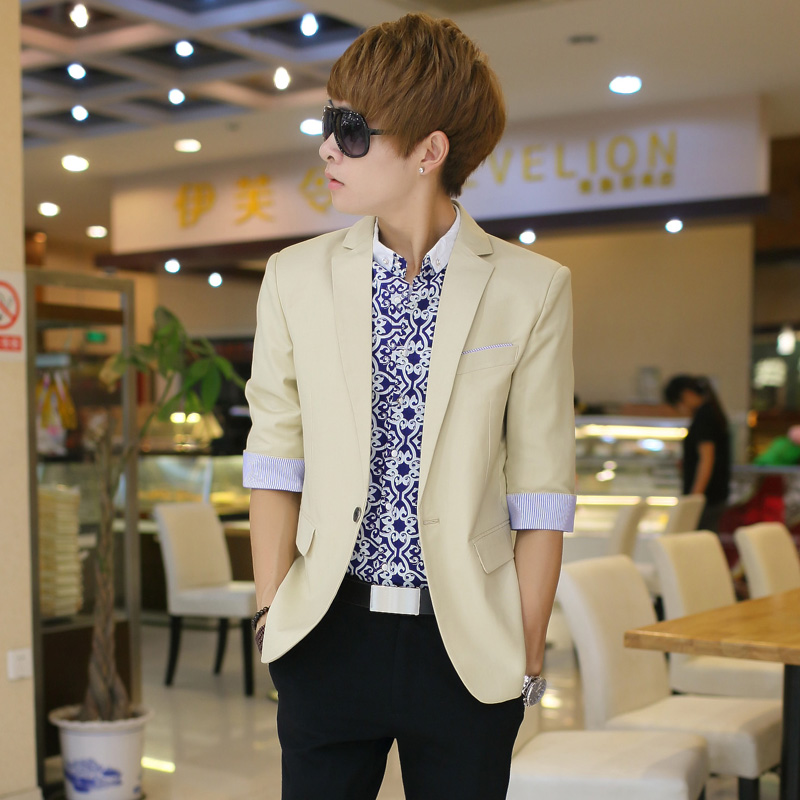 2015男装韩版中袖小西装修身七分袖短袖青年西装男休闲西服外套