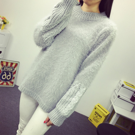 2015韩版复古麻花袖百搭打底针织衫半高领兔毛毛衣套头女加厚