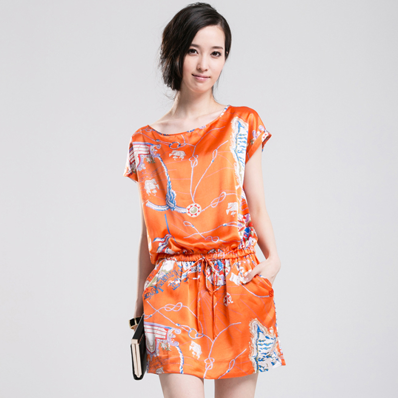 爆款 芙瑞诗2015新款女装 夏季圆领短袖修身系带韩版印花连衣裙女
