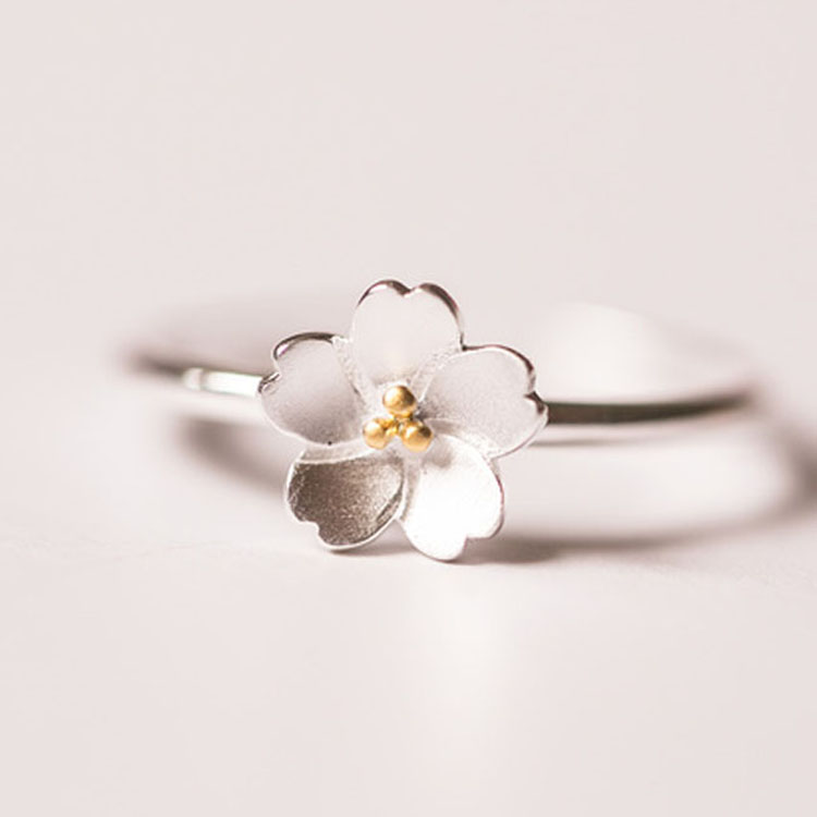 包邮925纯银戒指女款开口樱花 手工文艺气质唯美花朵日韩食指指环