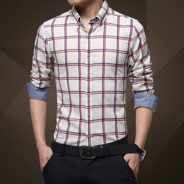 2015秋季新款男士商务休闲纯棉格子长袖衬衫韩版修身青年免烫衬衣