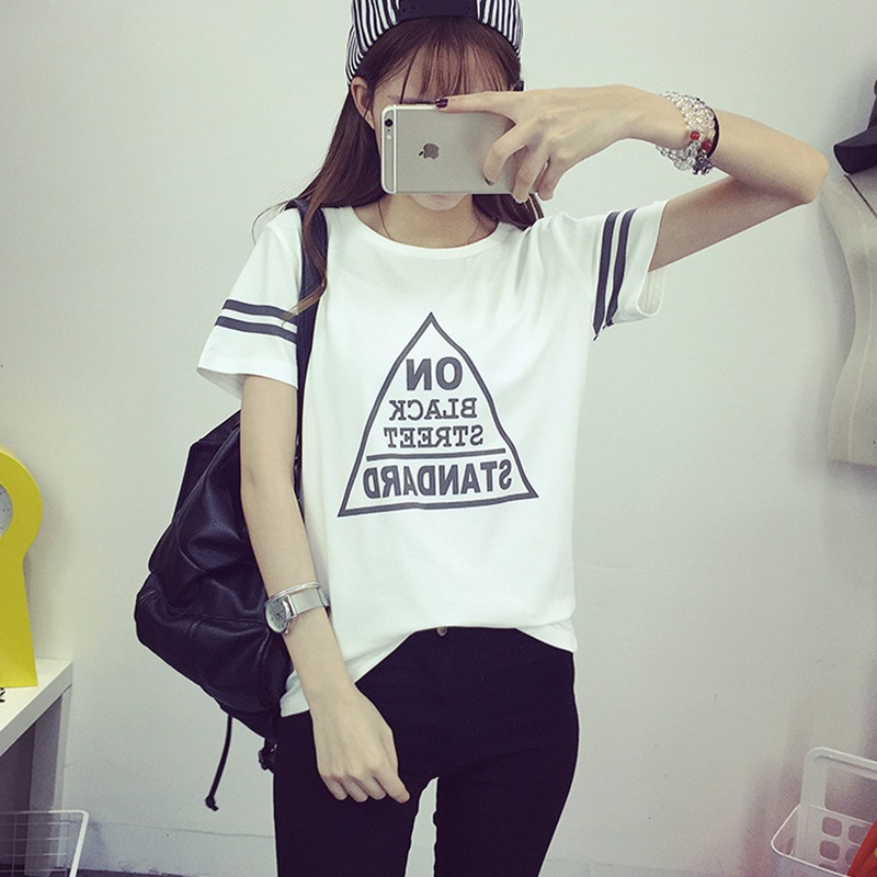 2016夏季韩版字母印花短袖T恤女夏季学生打底衫棒球风圆领T恤女装