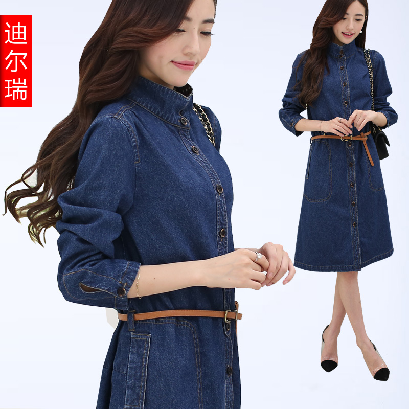 春装新款2015 韩版女士大码立领中长款修身显瘦九分袖牛仔连衣裙