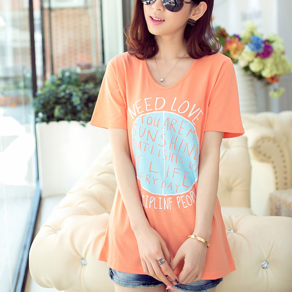 韩版2015夏装新款宽松女装V领字母T恤印花短袖衫简约中长款T恤女