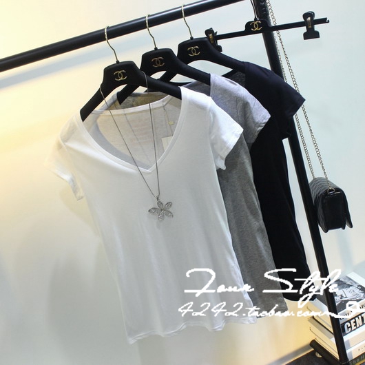 韩国ZR夏装新款基本款百搭必备薄款V领短袖休闲简约T恤女上衣