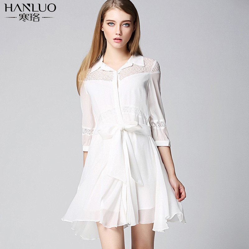 欧洲站夏季新款大摆蕾丝连衣裙简约气质女装单排扣仙美白色衬衫裙
