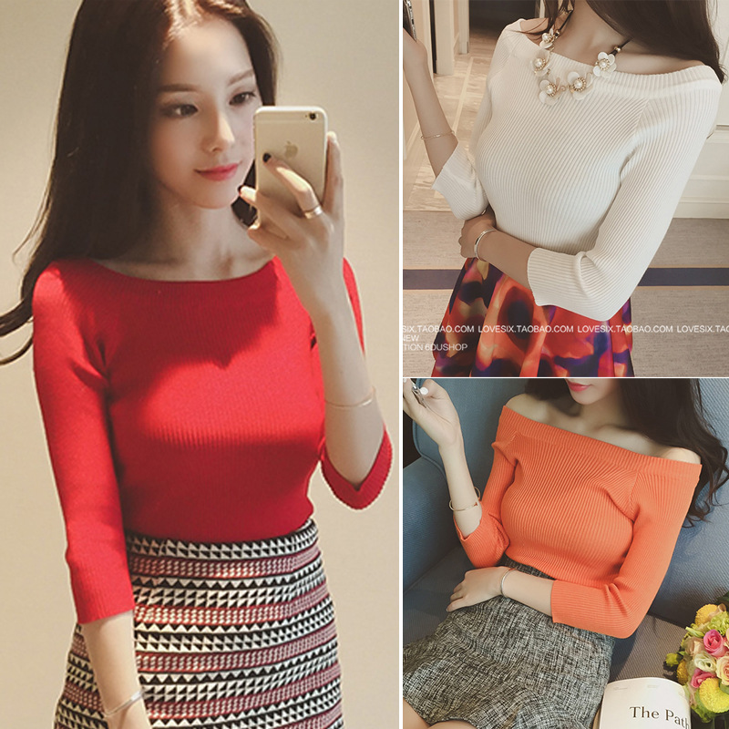 蘑菇街女装潮2016新款韩版春季长袖套头针织衫修身上衣学生打底衫