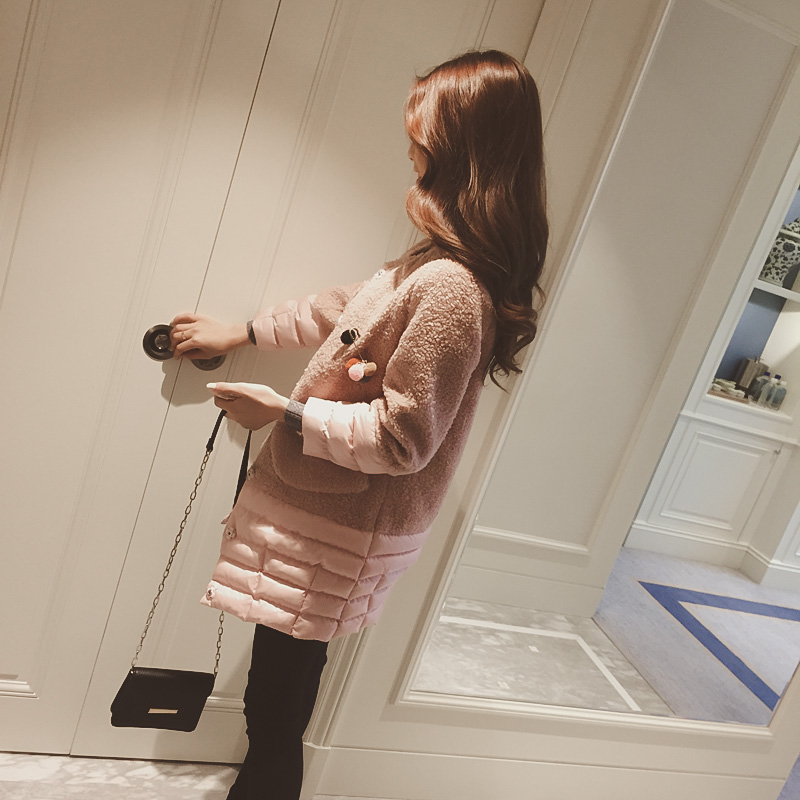 2015冬装新款韩版女装蘑菇街休闲宽松显瘦毛呢拼接棉服呢子外套潮