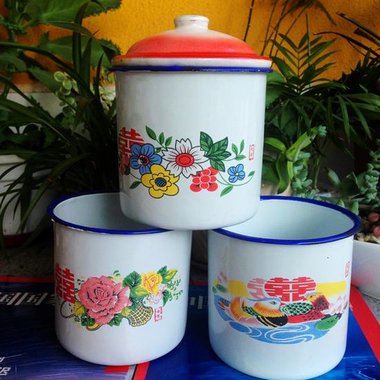 80年代怀旧老式纪念搪瓷茶缸双喜幸福花 带盖口杯牙罐 单耳铁水杯