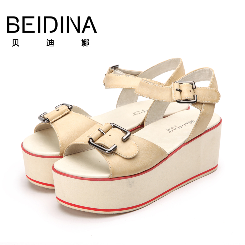 贝迪娜2015夏新款平底鞋子 品牌厚底真皮绑带女士松糕女凉鞋露趾
