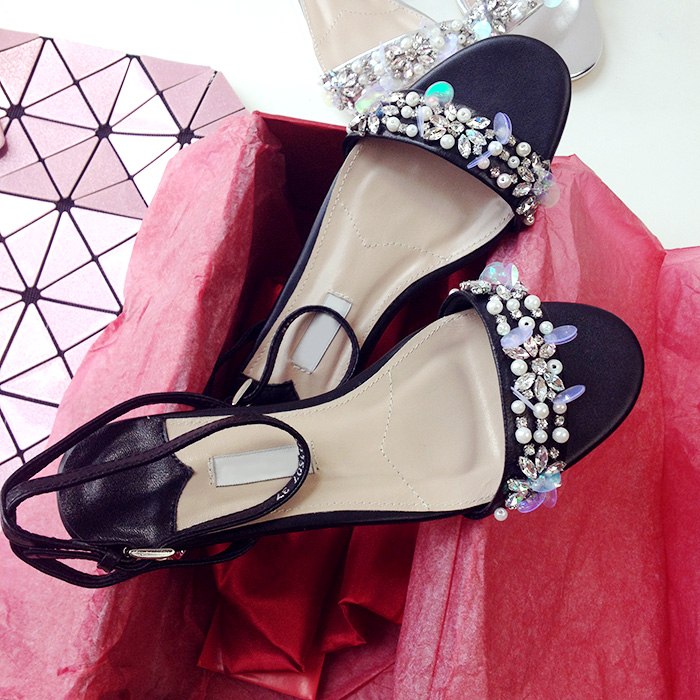 G-Turn2015夏新款一字带水钻中跟坡跟绑带女凉鞋小辣椒同款公主鞋