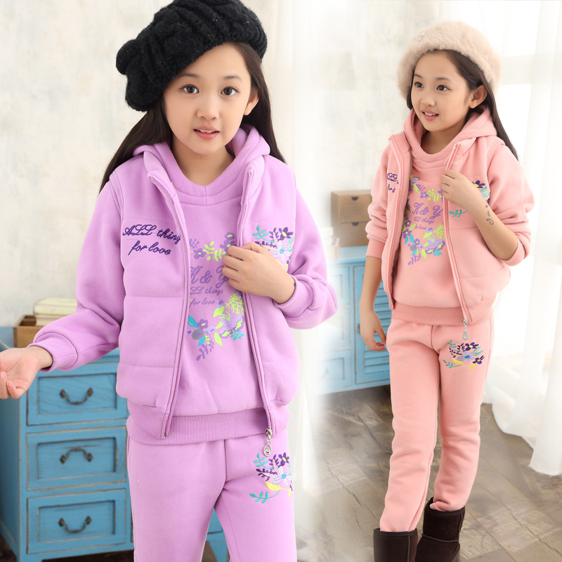 2015韩版冬装新款童装 中大童儿童套装宝宝花草爱心女童三件套