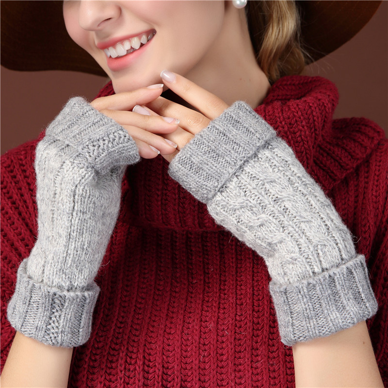 牧马仕韩版毛线手套女冬保暖半指手套学生可爱新款羊毛手套玩电脑