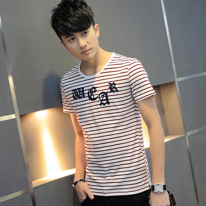 韩版夏季新款青年圆领短袖横条纹水洗简约时尚潮流大码男装T恤