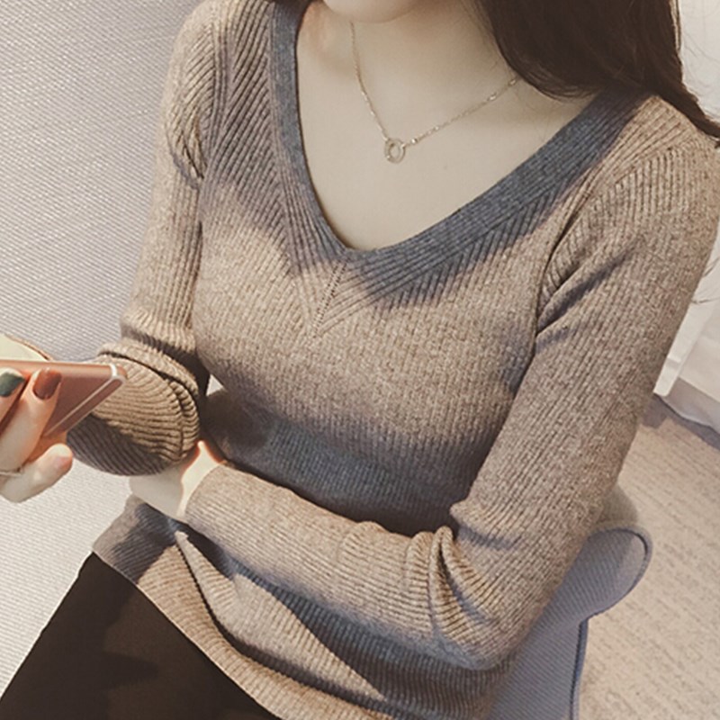 2016秋款韩版V领纯色打底针织衫女长袖套头薄款毛衣修身显瘦上衣