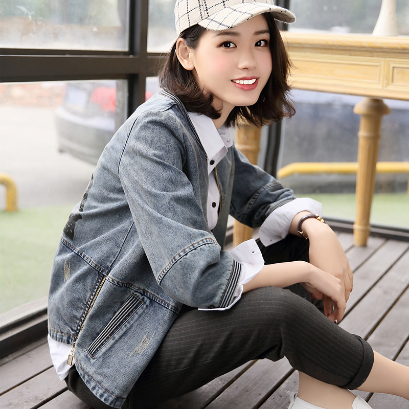 七分袖短款牛仔外套2016春秋女式韩版大码拼接印花学生褂子上衣