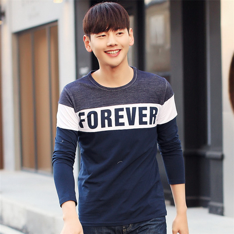学生运动韩版宽松长袖T恤男 圆领套头字母拼接纯棉打底衫青年潮流