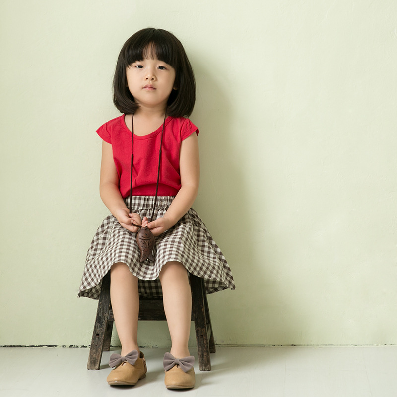2015韩版夏季新款 女童文艺棉麻纯色圆领贝壳袖小衫 短袖上衣