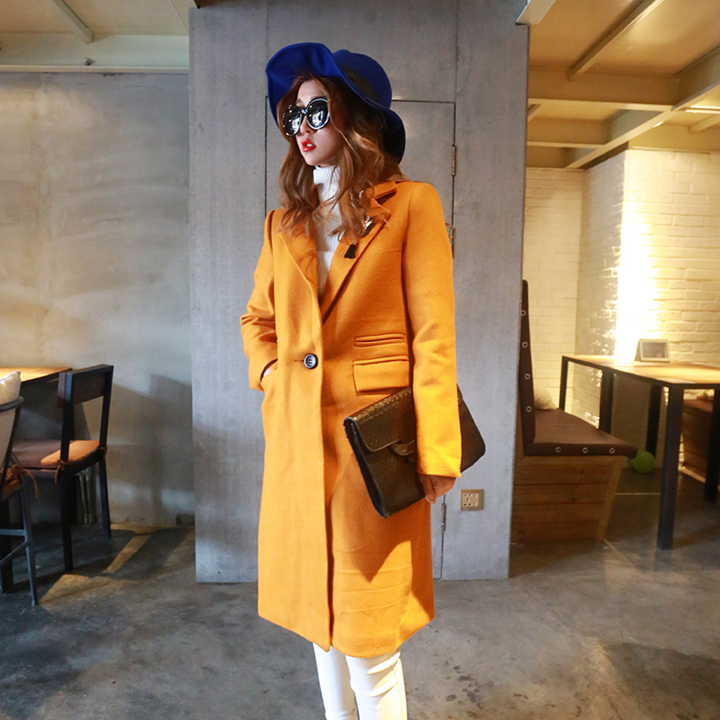 2015冬季韩版新款女装修身显瘦西装领呢子大衣纯色一粒扣毛呢外套