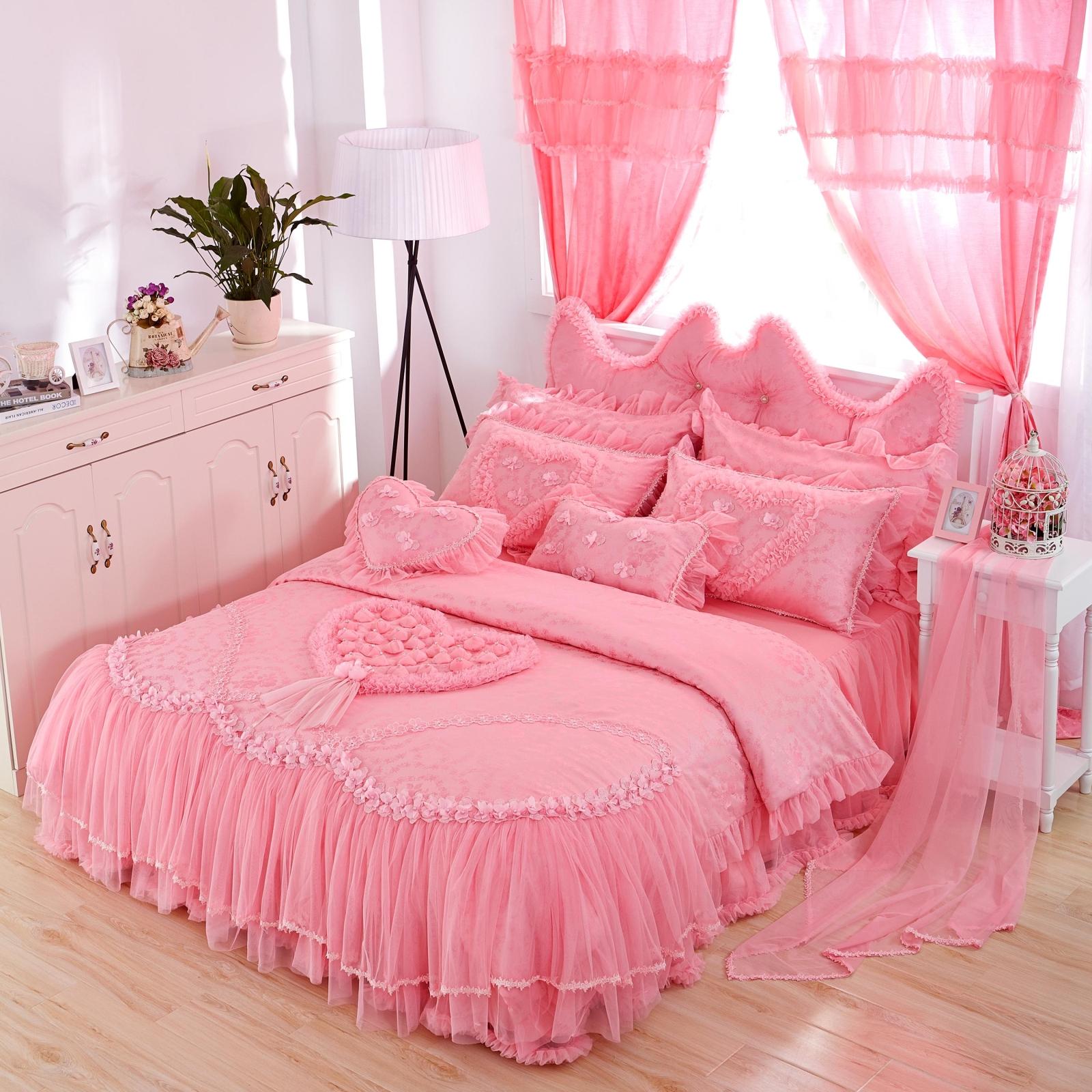 全棉韩式粉色公主蕾丝花边床裙式四件套纯棉床单被套婚庆床上用品