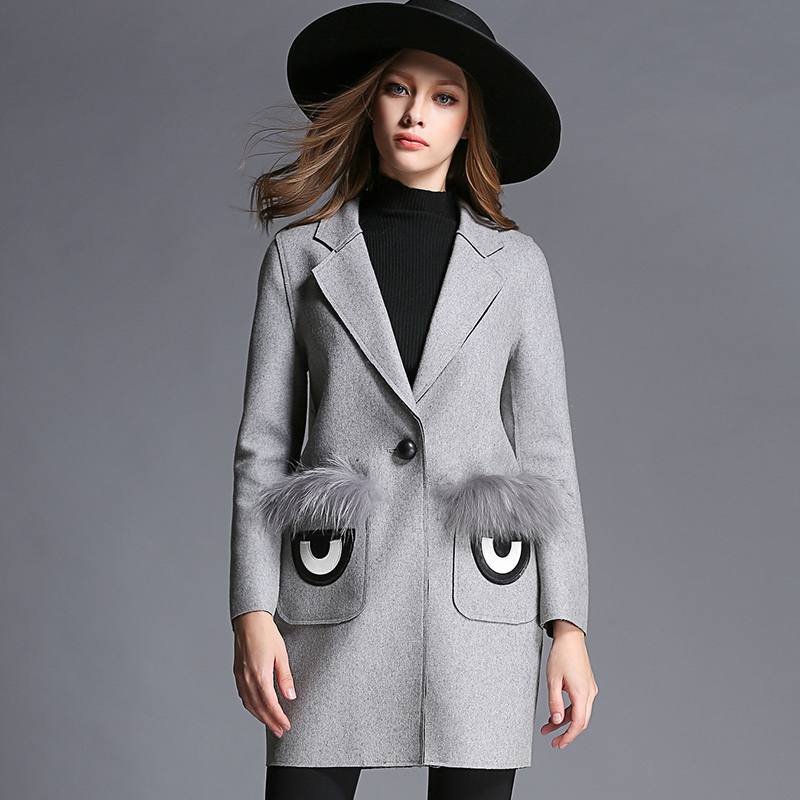 2015秋季新款女装 欧美时尚西装领长袖纯色口袋植绒直筒女士大衣