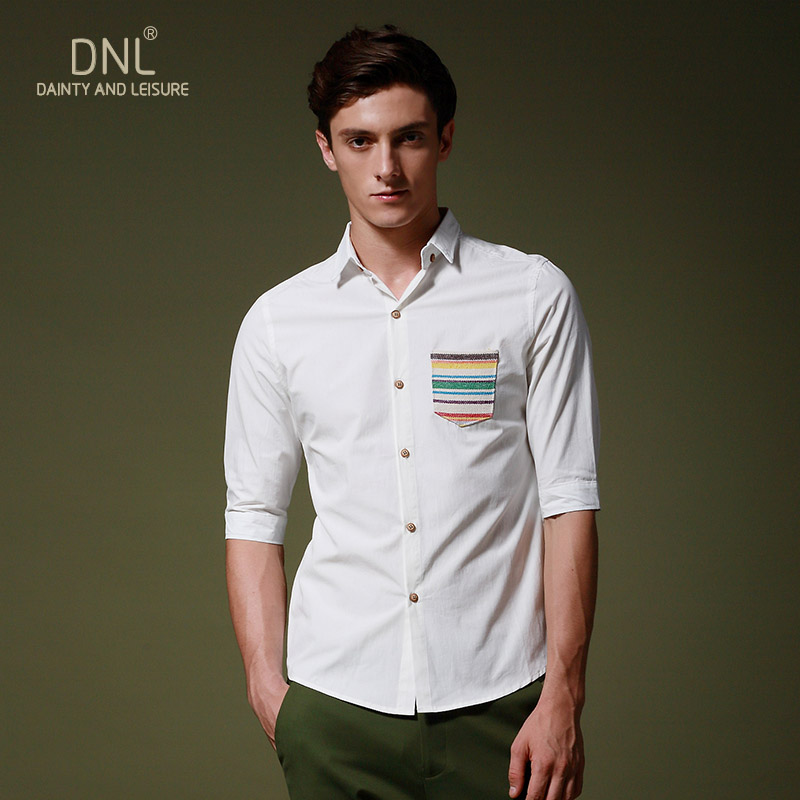 DNL夏季男装新品五分袖休闲衬衫男士韩版修身中袖衬衣方领衬衣潮