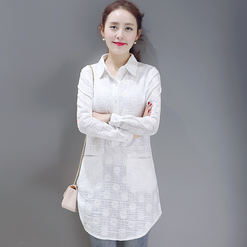 2016春装新款 韩版绣花中长款立领纯色套头白衬衫女长袖衬衣