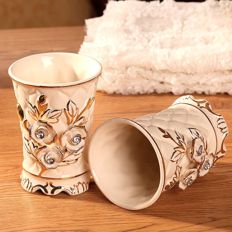 欧式陶瓷卫浴 对杯 奢华家居浴室玫瑰洗漱用品套装新婚 结婚礼物
