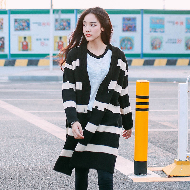韩国东大门2015新款韩版宽松条纹毛衣开衫女 中长款百搭毛衣外套
