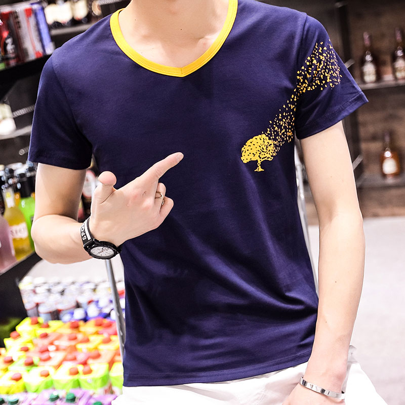 夏季纯棉鸡心领男士短袖T恤韩版修身印花男装V领体恤青少年时尚潮