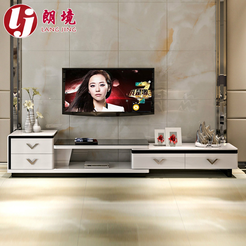 朗境 可伸缩电视柜简约 现代黑白烤漆客厅钢化玻璃电视柜茶几组合