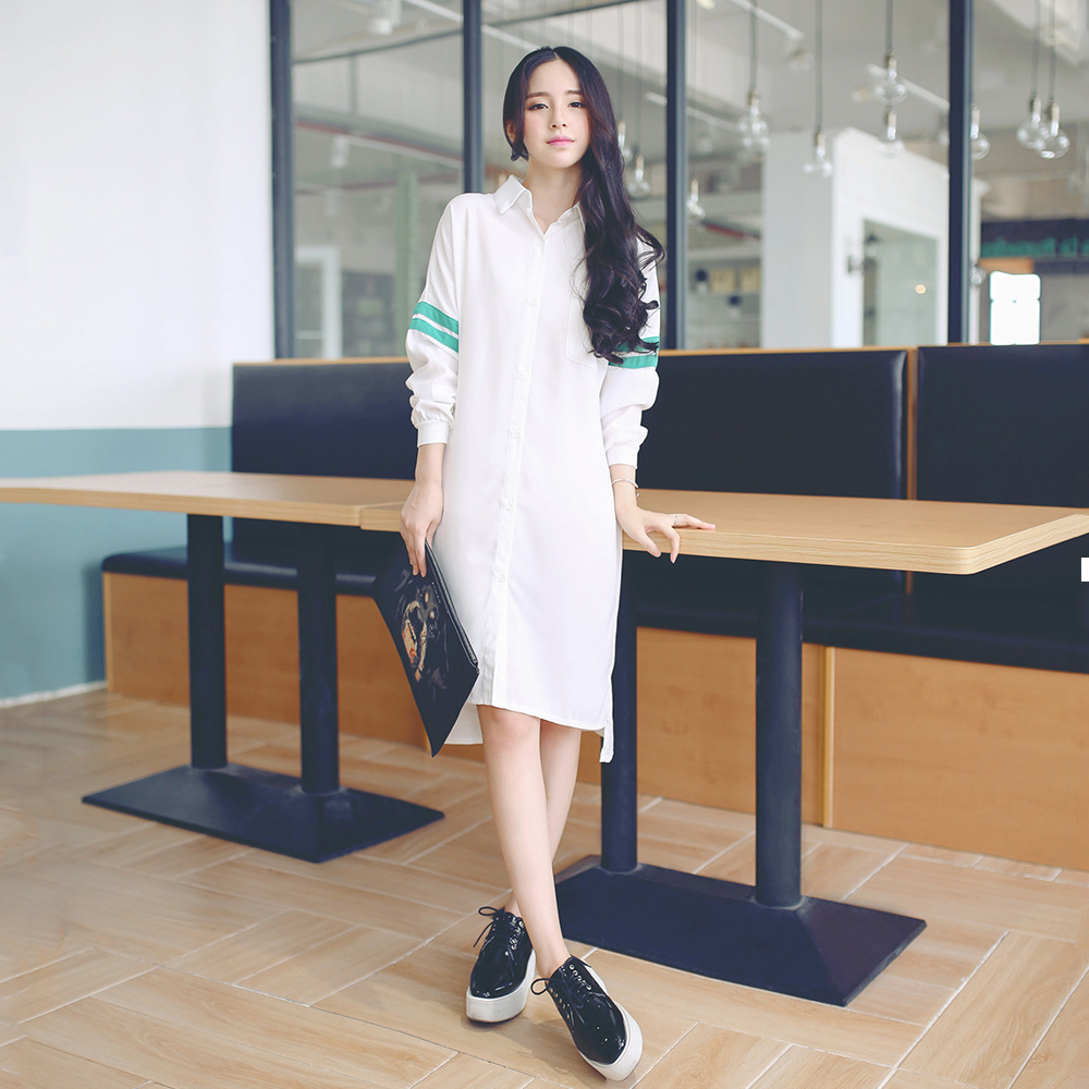 2015秋季新品韩国女装 翻领长袖衬衫 个性休闲长款衬衫连衣裙