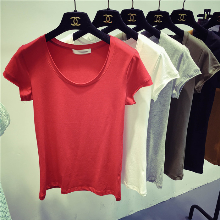 MINGMING 2015夏韩版通勤基本款纯色百搭卷边短袖T恤中长款女上衣