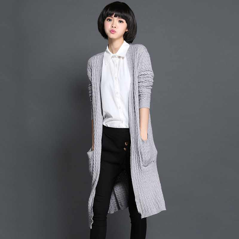 2015秋季新款显瘦女装韩版宽松针织开衫欧美长款长袖纯色毛衣外套