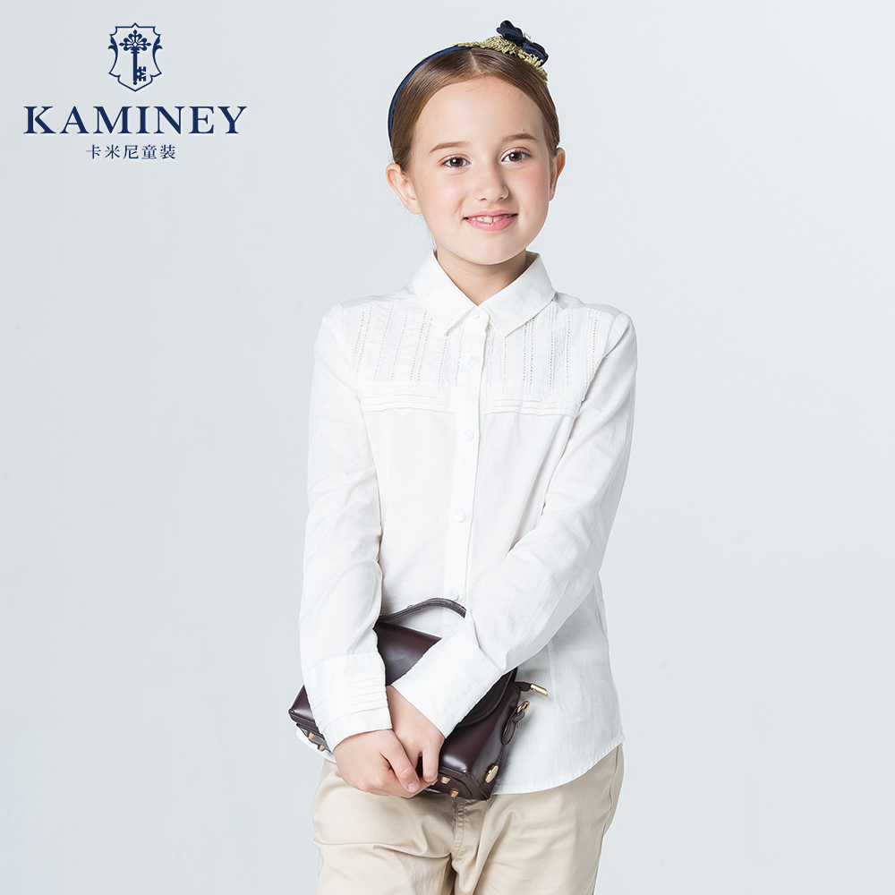 卡米尼童装2016春装新款女童纯色衬衫中大儿童英伦风纯棉长袖衬衣