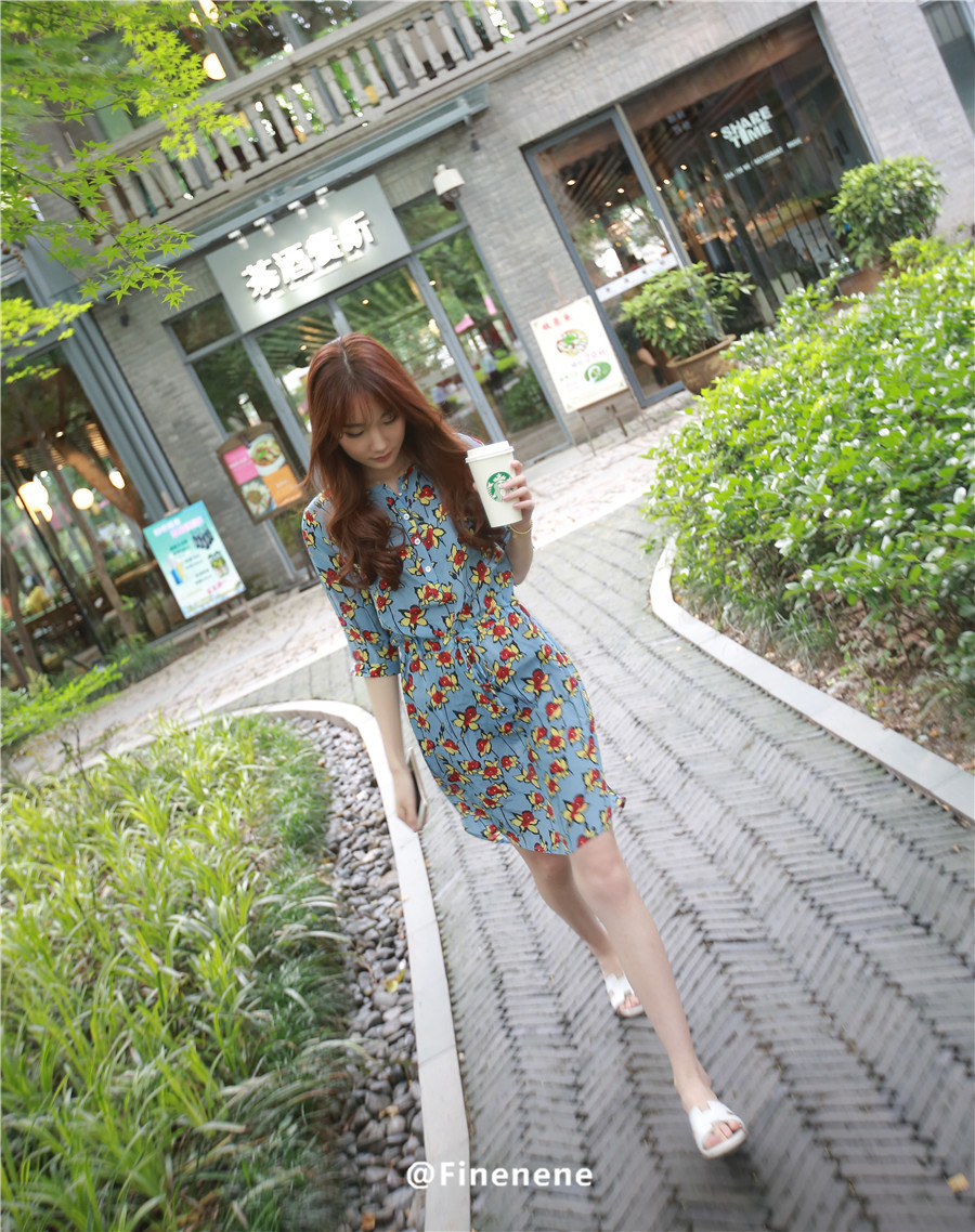 韩国2015夏女装圆领五分袖衬衫连衣裙女 真丝收腰显瘦印花中长裙