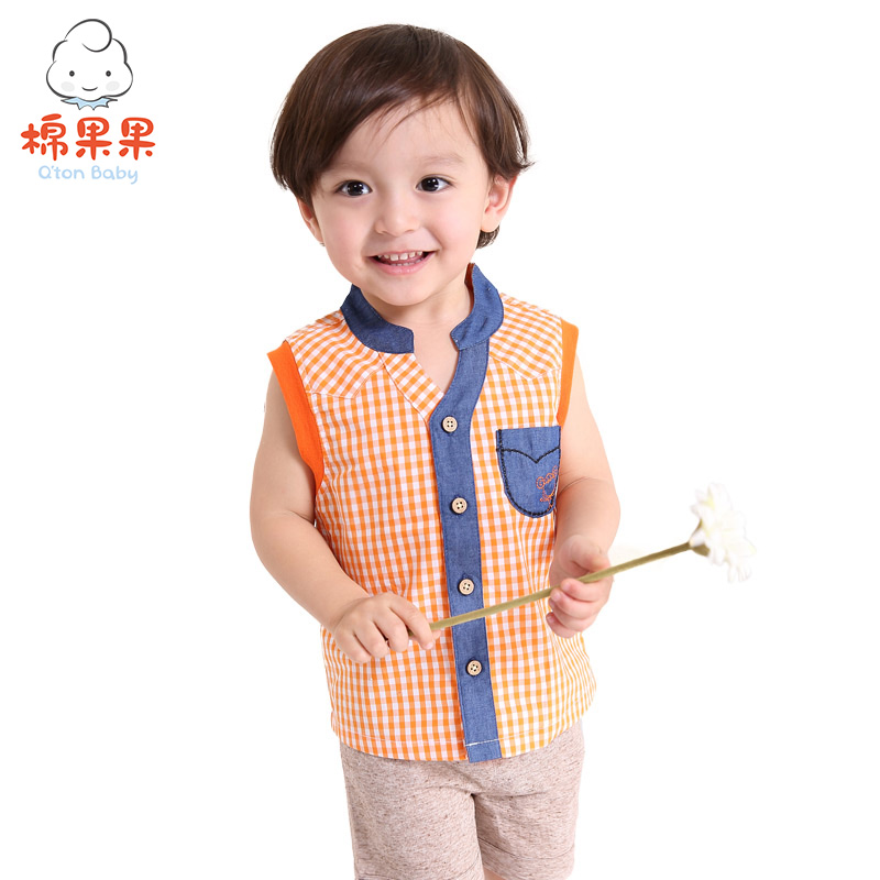 棉果果正品童装 1-3岁男宝宝夏季纯棉背心 韩版格子对开上衣衬衫