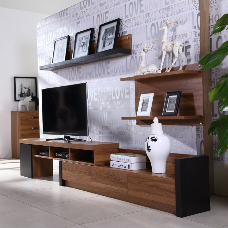 超薄胡桃木色电视柜 伸缩储物地柜现代简约北欧卧室家具客厅家居