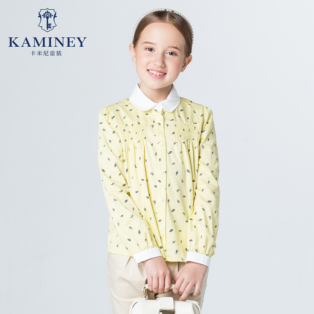 卡米尼童装2016春装新款女童印花长袖衬衫中大儿童英伦风翻领衬衣