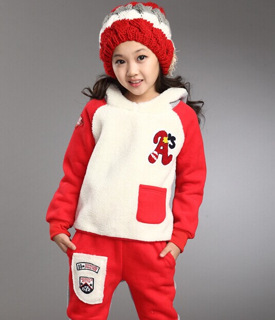 秋冬韩版童装女套装 2015年新款中小女童拼色加绒加厚套装两件套