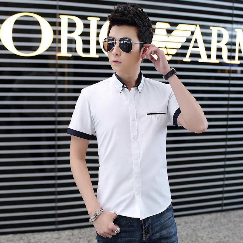 夏季男装新款 2015新款男士时尚韩版拼色休闲修身短袖衬衫 男衬衣