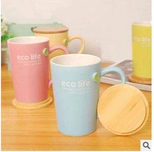 厂家直销eco life彩色带盖哑光小树叶杯子挂茶包水杯马克杯陶瓷杯