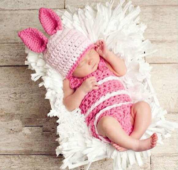 出租-小兔子帽子加哈衣两件套 婴儿满月照百天照手工编织摄影服饰