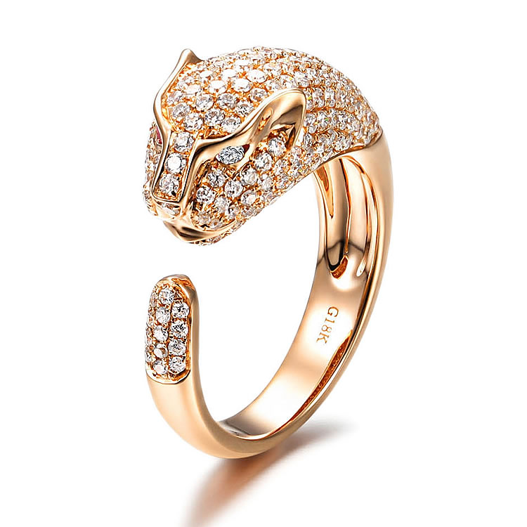 正品18K玫瑰金镶嵌天然钻石美洲豹戒指豪华个性满钻女款附鉴定书