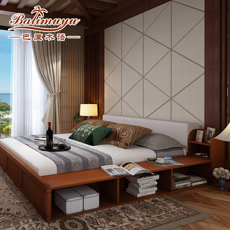 巴厘木语 东南亚实木床新中式家具卧室多功能储物双人床1.8米矮床