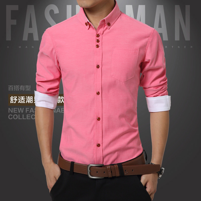 2015新款时尚男士衬衫 商务休闲男衫衣 粉色男衬衫长袖上衣包邮