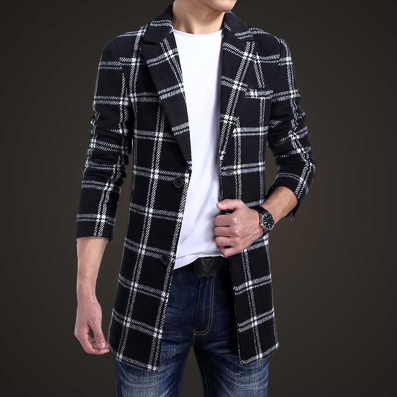 2015冬季男士新青年韩版潮流修身时尚简约中长款格子加厚风衣大衣