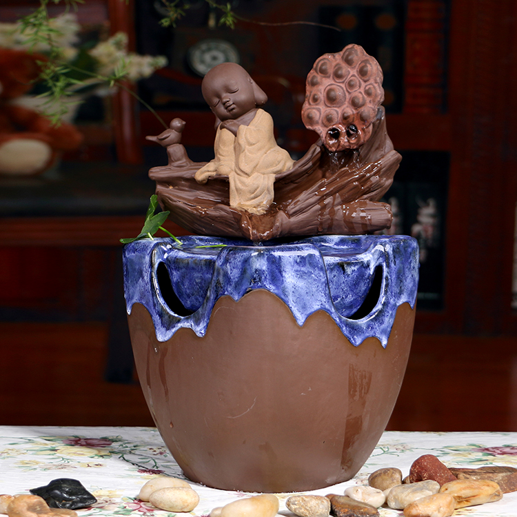 原创作品陶瓷中国风摆件招财流水器和尚大桶弥勒高档实用送礼佳品
