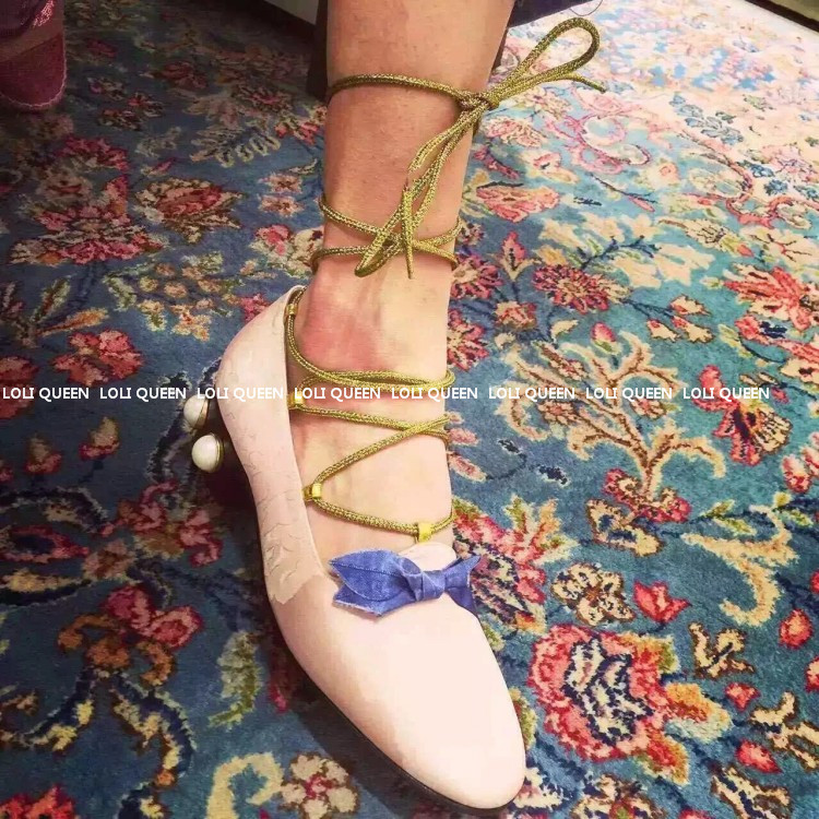 欧美秋季珍珠鞋跟蝴蝶结交叉绑带单鞋阿希哥同款中跟粗跟芭蕾舞鞋